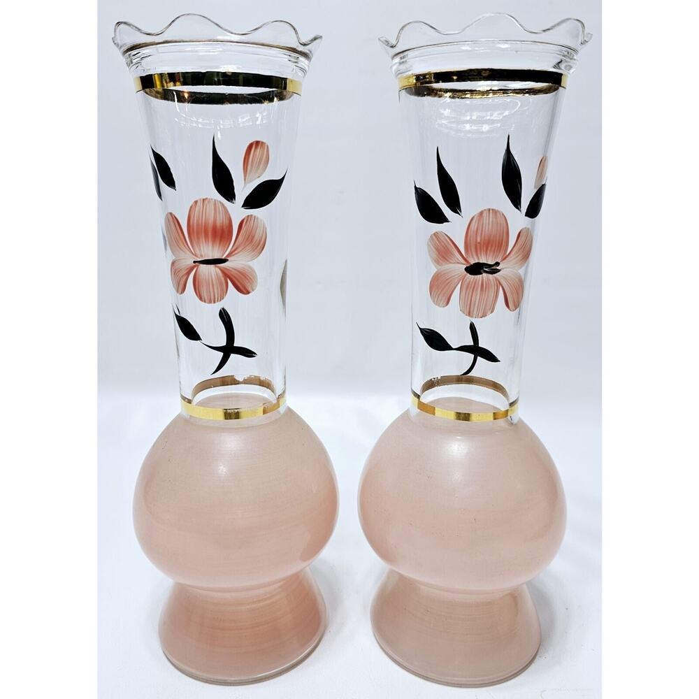 Vtg Pair BARTLETT COLLINS Hand Painted Blown Glass Frosted Bottom Scalloped Vase